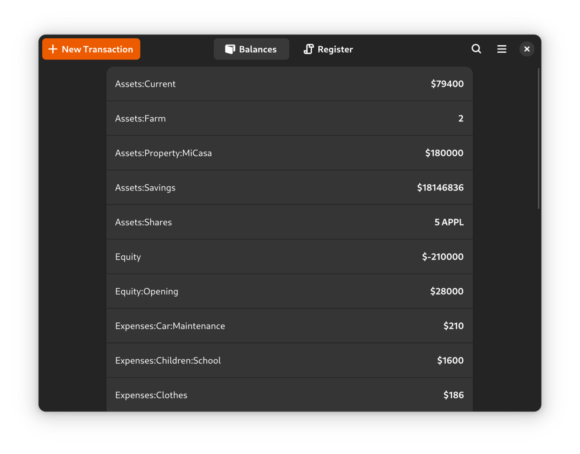 
                Screenshot of Balance page with account balances,
                header bar with Balance and Register tabs and Add Transaction button
            