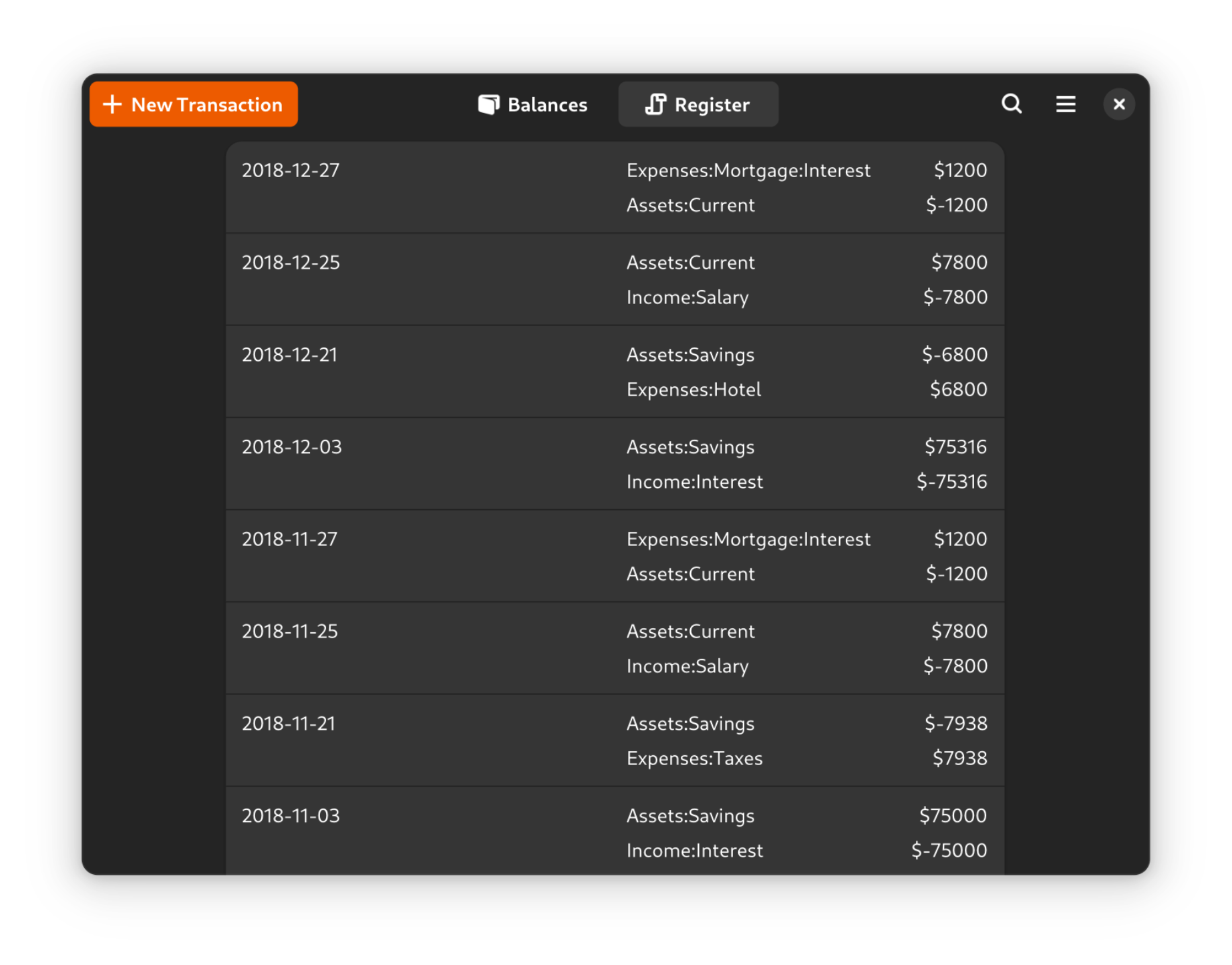 
                Screenshot of Register page listing transactions with same headerbar,
                each transaction has a date, description and postings
            